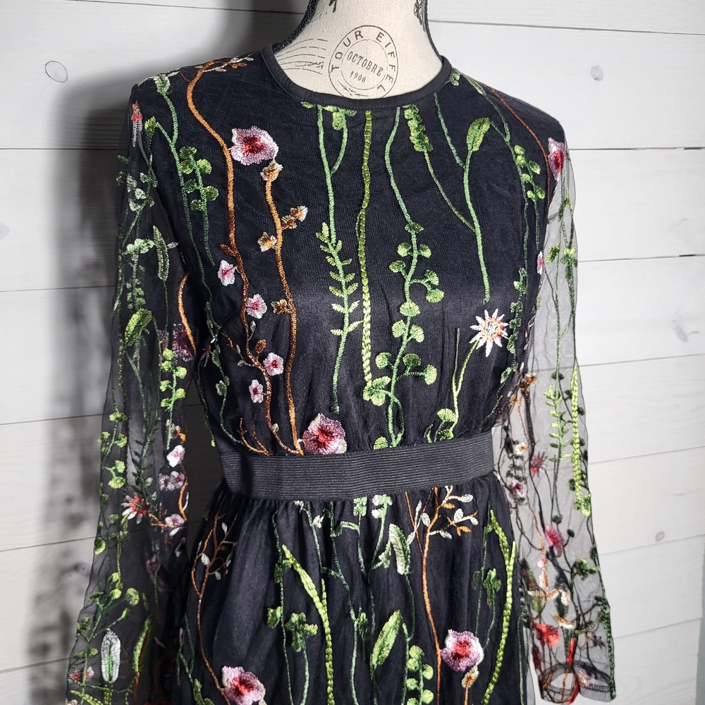 Women's Dress Embroidered Floral Cotton Sheer Mesh Spring Fairygoth Festival.